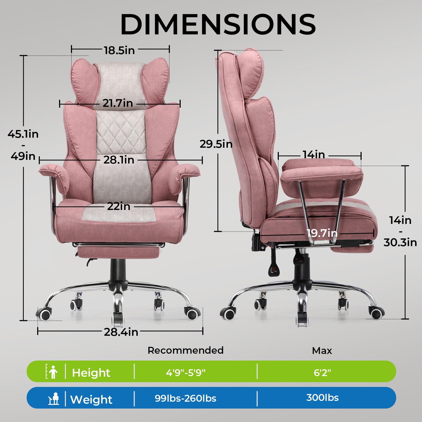 GTRACING Ergonomic Executive Cozy Fabric Gaming Office Chair with Footrest, Pink&Gray