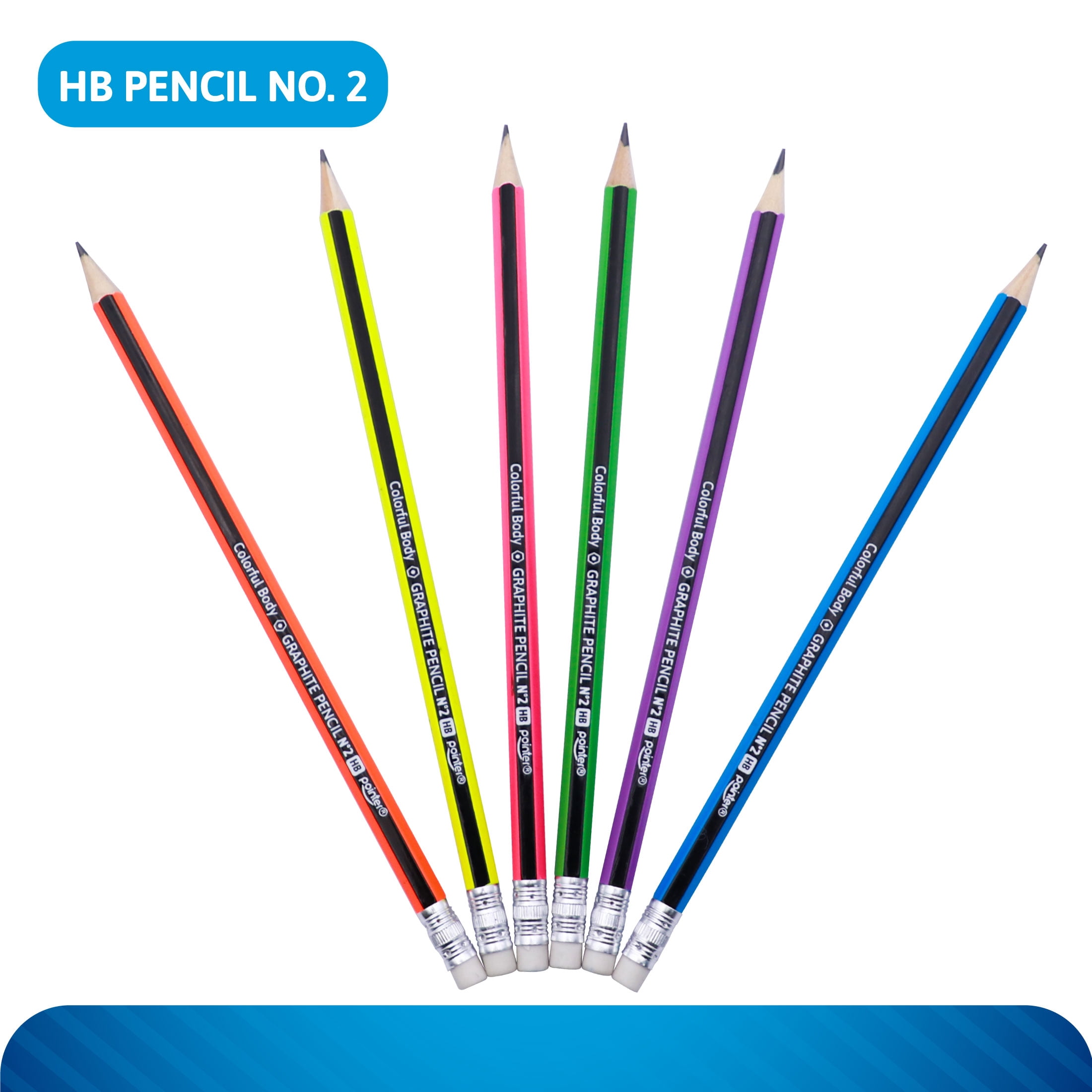 Pointer Colorful Body Graphite Pencils, Soft Eraser, HB, 12 Count, 12 pack