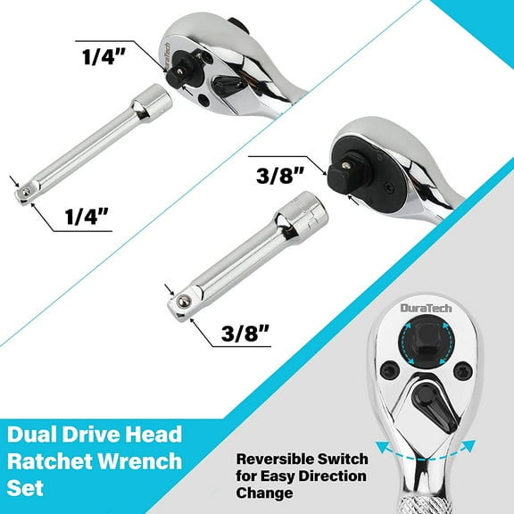 TRA-Stubby Ratchet Set, 3/8" & 1/4” Dual Head Ratchet Wrench with 2 Extension Bars, 3-piece, Chrome Plated Finish
