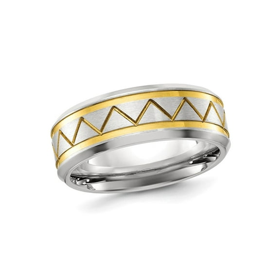Gem & Harmony Mens Titanium Brushed Yellow Plated ZigZag Band Ring (8mm) for Men