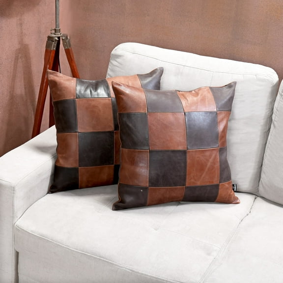 Lambskin Leather Pillow Cover, Sofa Cushion Case, Home Decor Style for Living Room & Bedroom, Brown & Tan Crunch, 14x14