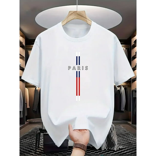 Camiseta con estampado de leyenda parisina para hombre - Cuello redondo azul rey, poliéster transpirable, manga corta cómoda para uso casual y al aire libre, ropa deportiva de moda | Ropa con temática
