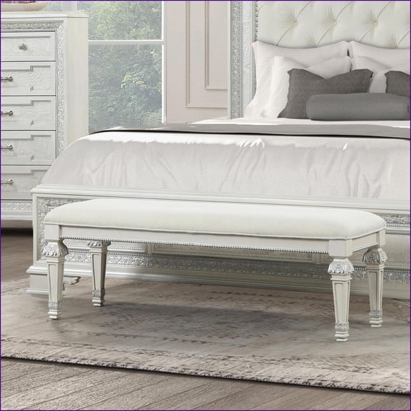Traditional 54"W Cream Accent Bench with Diamond Tufting & Brushed Silver Knobs for Bedroom/Entryway | Cream | Fabric