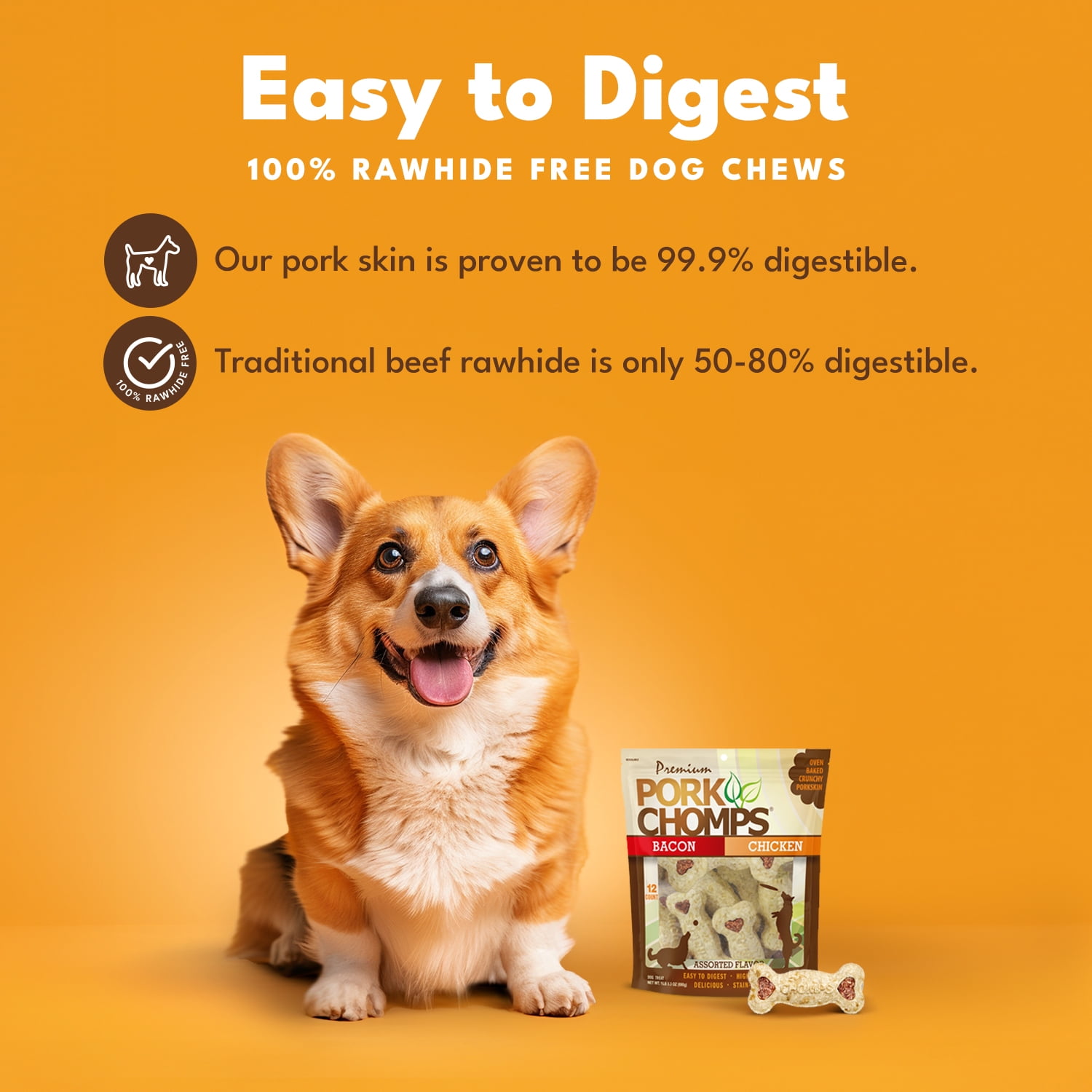Pork Chomps Premium Dog Treats, Crunchy, Bacon and Chicken Flavor, 4 in, 12 ct