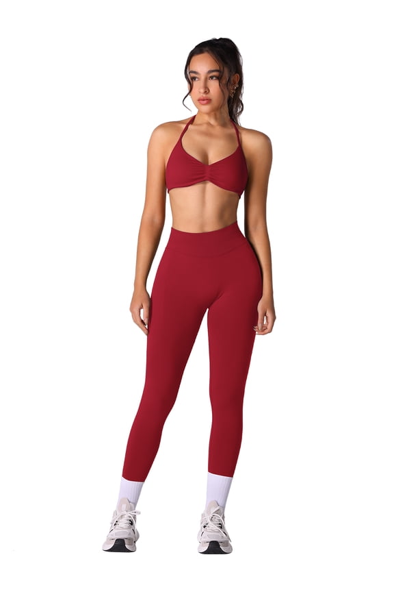 Women 2 Piece Workout Seamless Halter Sports Bra Scrunch Butt High Waist Leggings Yoga Gym Set