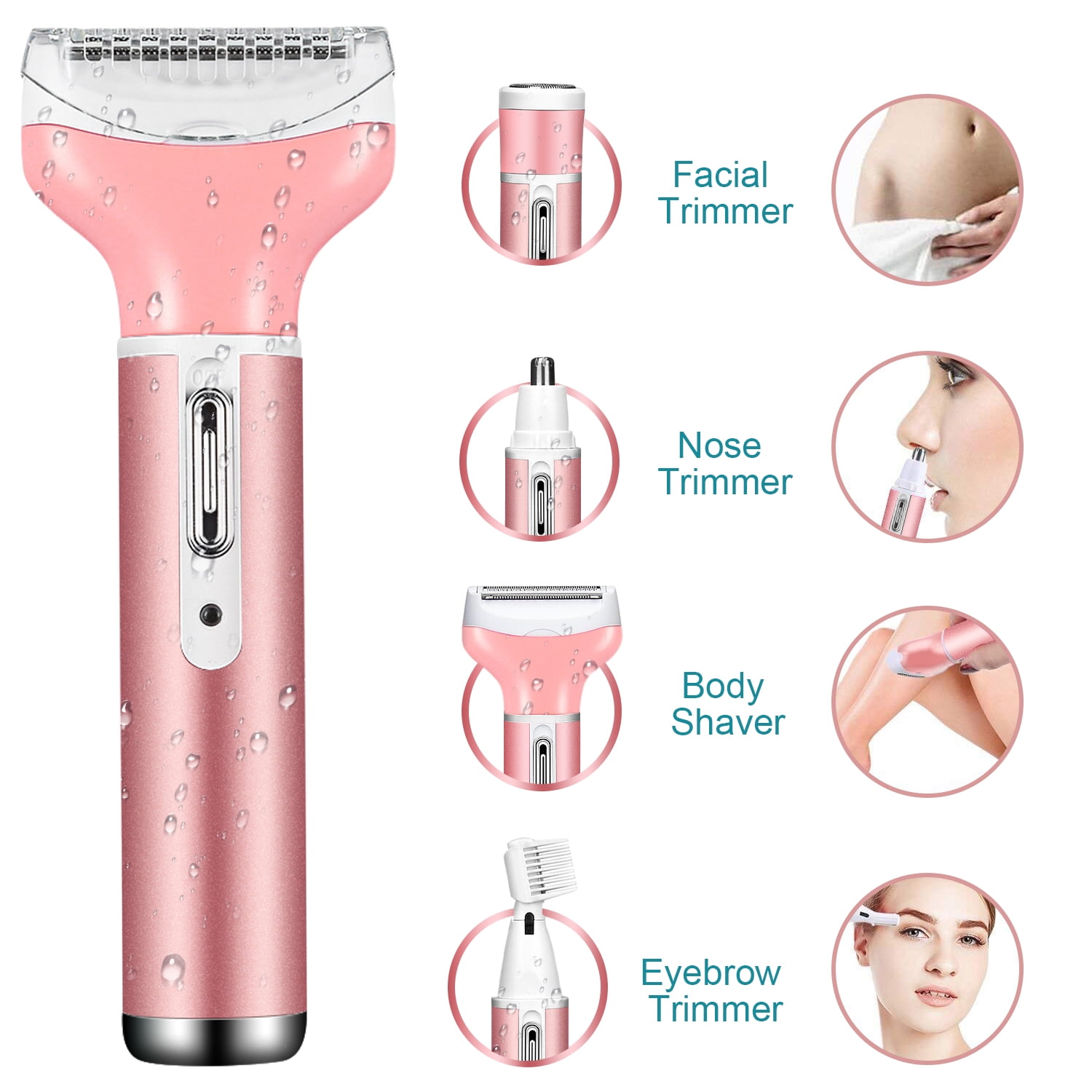June# Electric Lady Shaver 4 in 1 Women Trimmer USB Rechargeable Bikini and Body Trimmer Facial Hair Clippers Nose Trimmer White 