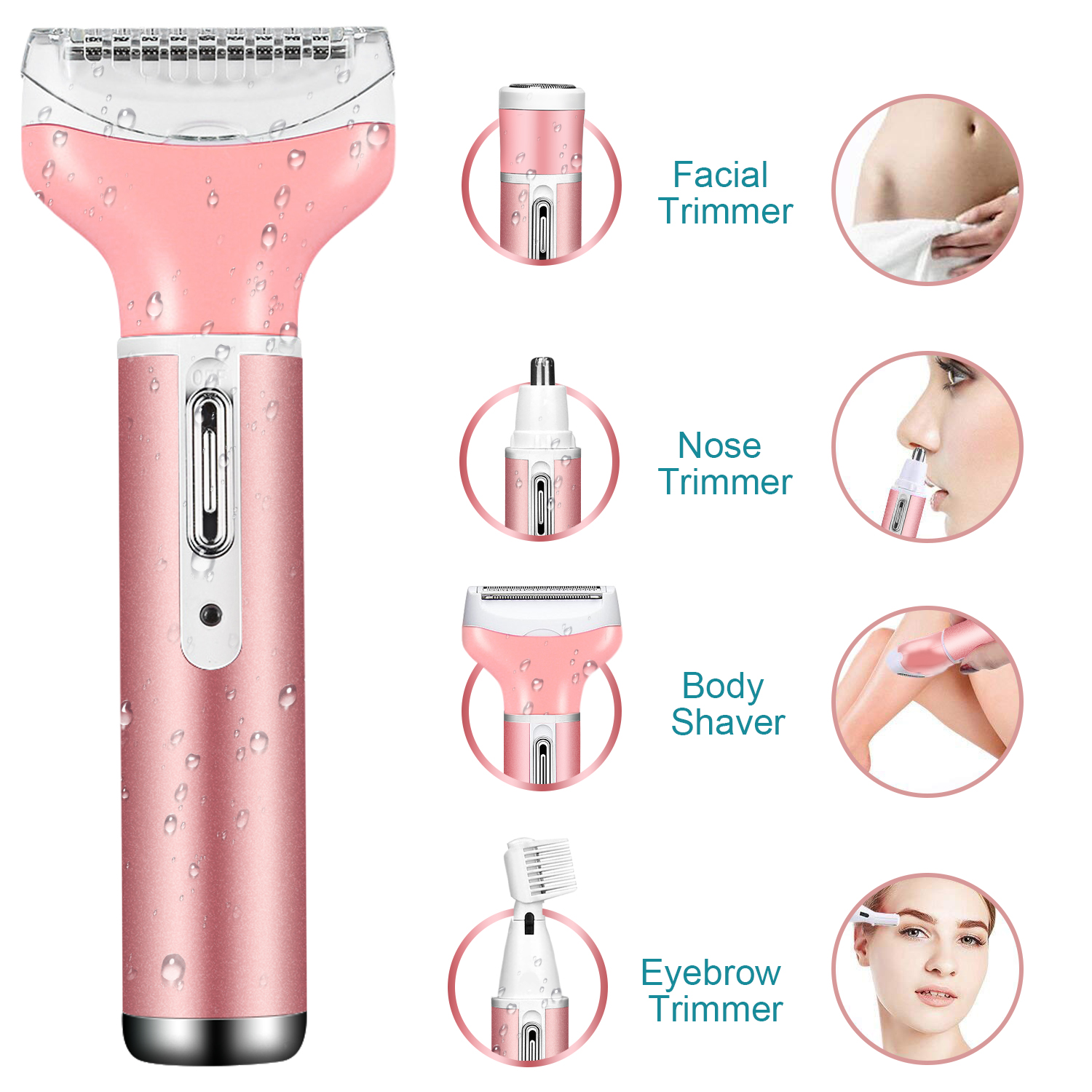 4 in 1 Women Electric Shaver Rechargeable Waterproof Razor Painless Epilator Body Hair Remover Nose Hair Beard Bikini Trimmer Eyebrow Face Facial Armpit Legs Removal Clipper Lady Grooming Groomer Kit - image 3 of 10