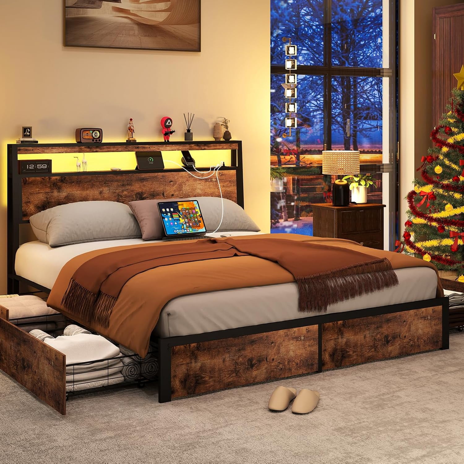 DRNANLIT King Size Bed Frame with 4 Drawers Storage, LED Bed Platform with Headboard, Charging Station, No Box Spring Needed, Vintage Brown