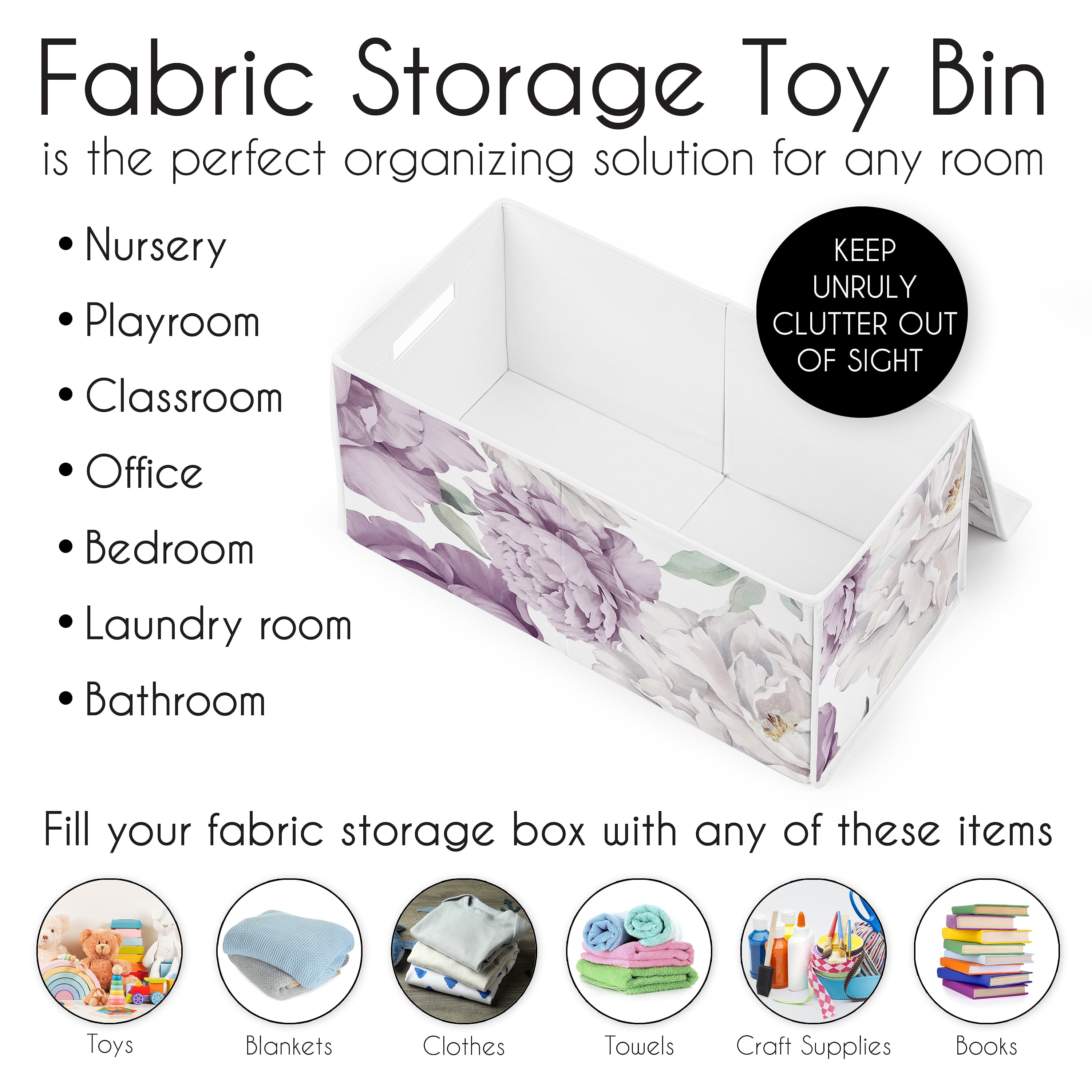 Sweet Jojo Designs Peony Floral Garden Lavender Purple and Ivory Girl Storage Fabric Toy Box