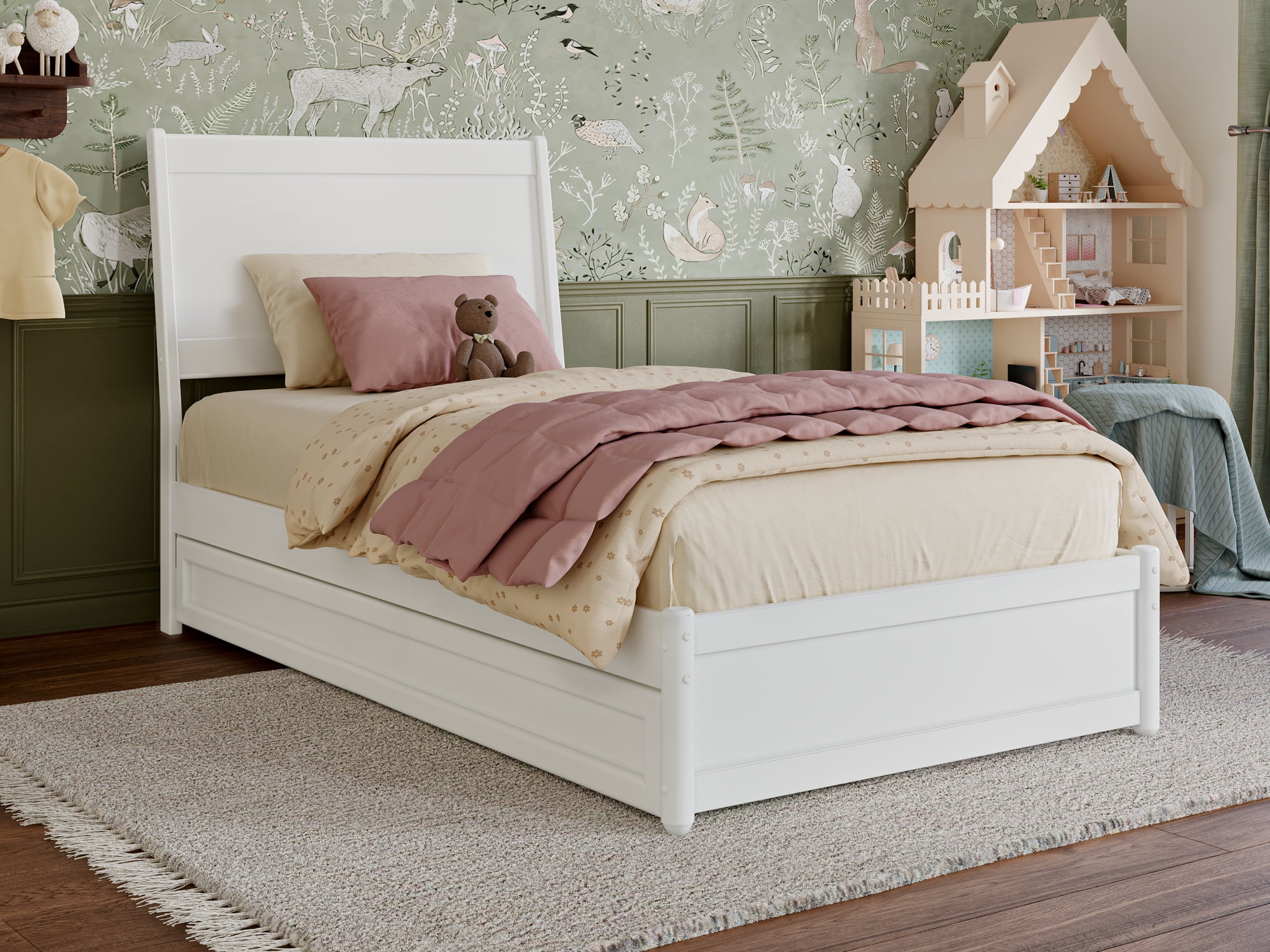 AFI Casanova Twin Solid Wood Platform Bed with Panel Footboard and Twin Trundle, White