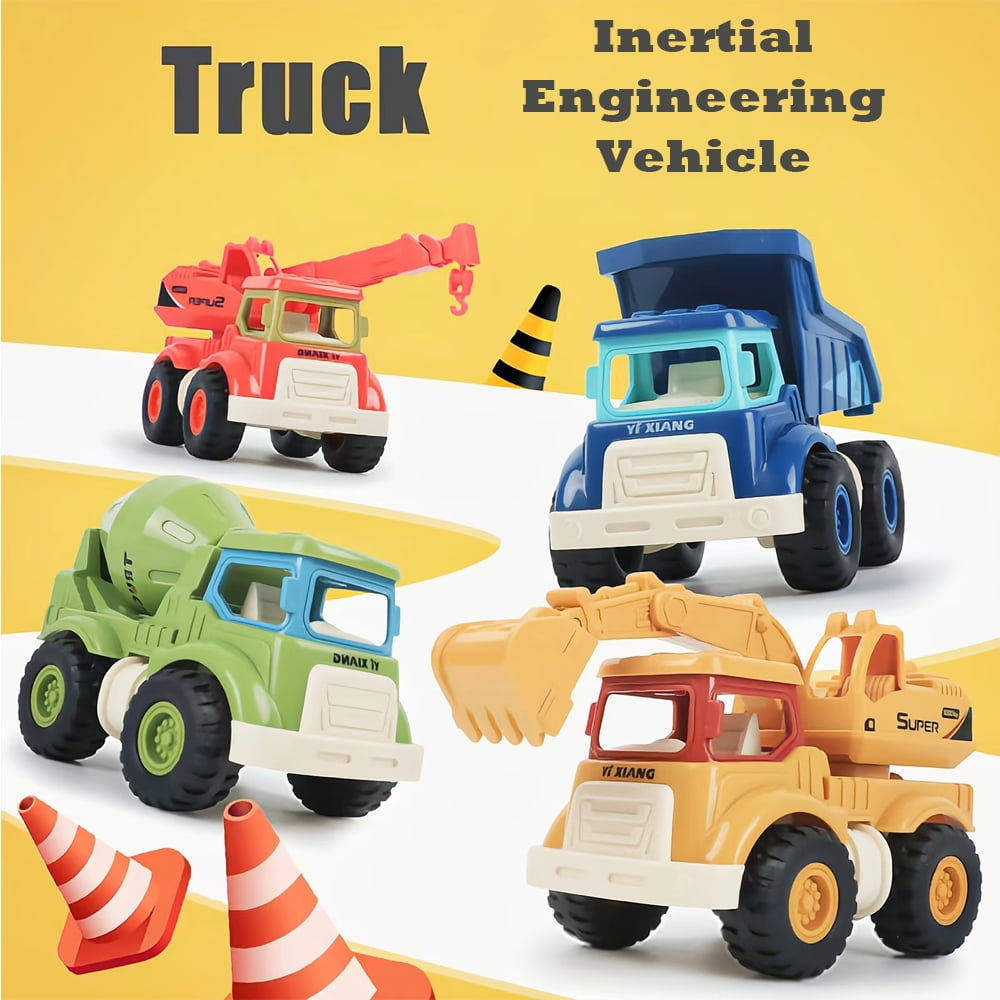 XITZ Inertial Construction Vehicles Girls Boys Toy Playsets,Cute Engineering Diecast Car Crane Excavator Dump Mixer Truck Toys Gift for Kids(4 pcs)