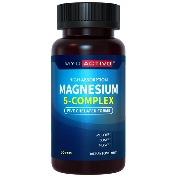 MyoActivo 5-in-1 Magnesium Complex - High Absorption - Chelated Magnesium Glycinate, Malate, Citrate, Taurate, & Aspartate for Calm, Stress, Muscles, Bones | 60 Capsules | Magnesium Supplement