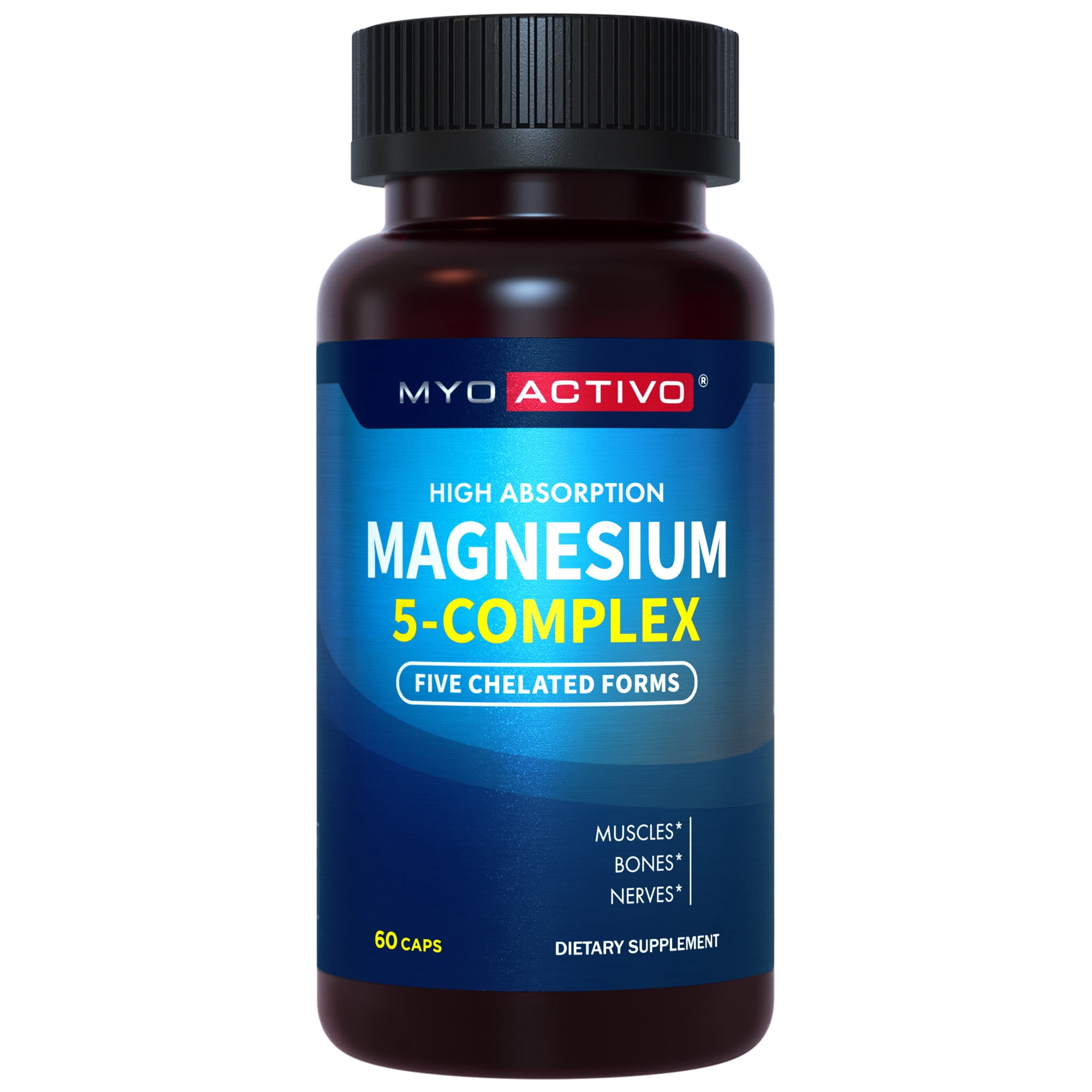 MyoActivo 5-in-1 Magnesium Complex - High Absorption - Chelated Magnesium Glycinate, Malate, Citrate, Taurate, & Aspartate for Calm, Stress, Muscles, Bones | 60 Capsules | Magnesium Supplement