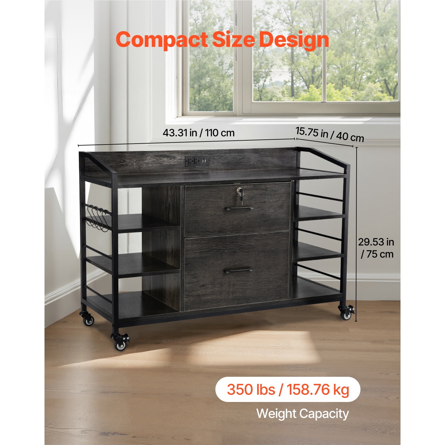 KFFKFF 2-Drawer Metal File Cabinet with Lock, Lateral Filing Cabinet with 6 Open Shelves, Wooden Wide Storage Cabinet with Power Strip for Letter, A4, and Legal Size Files, Easy to Assemble, Gray
