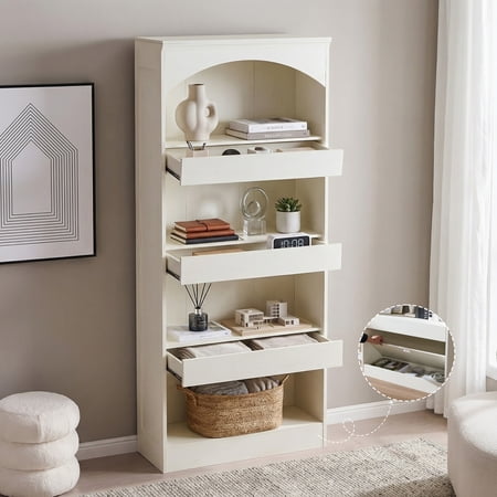 SinCiDo 76" Tall Arched Bookcase, 4-Tier Large Bookshelf w/1PC Magnetic Lock Drawer, Wooden Book Shelf w/3 Pull-Out Drawers, for Living Room, Office