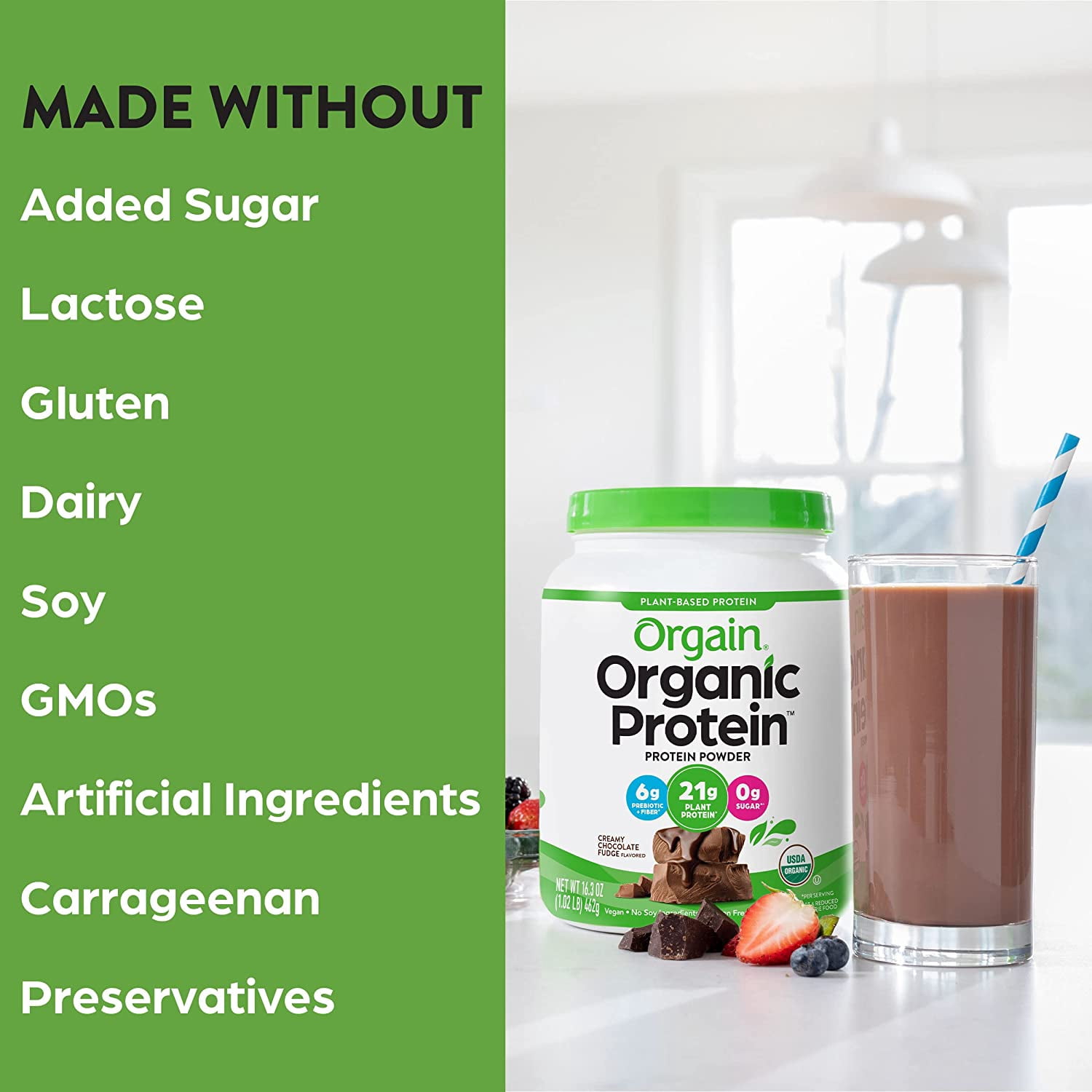 (6 pack) Orgain Organic Vegan 21g Protein Powder, Plant Based Shake Drink, Creamy Chocolate Fudge 1.02lb