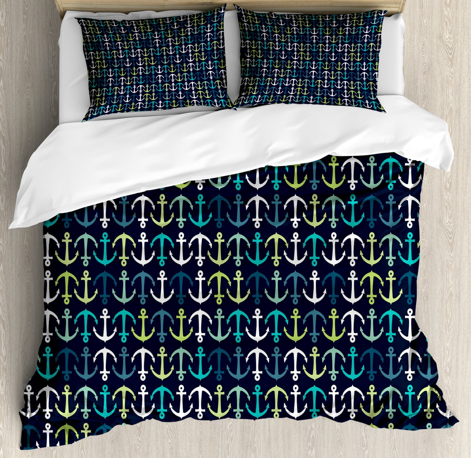 Anchor Duvet Cover Set, Aquatic Maritime Pattern with Up and Down