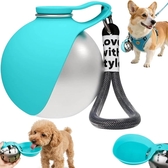 2-in-1 Foldable Dog Water Bottle, Stainless Steel Portable Pet Travel Water Bottle with Leak-Proof Silicone Bowl, Lightweight Compact Water Bottles for Small Dogs Puppies Drinking Outdoors (Blue-A)