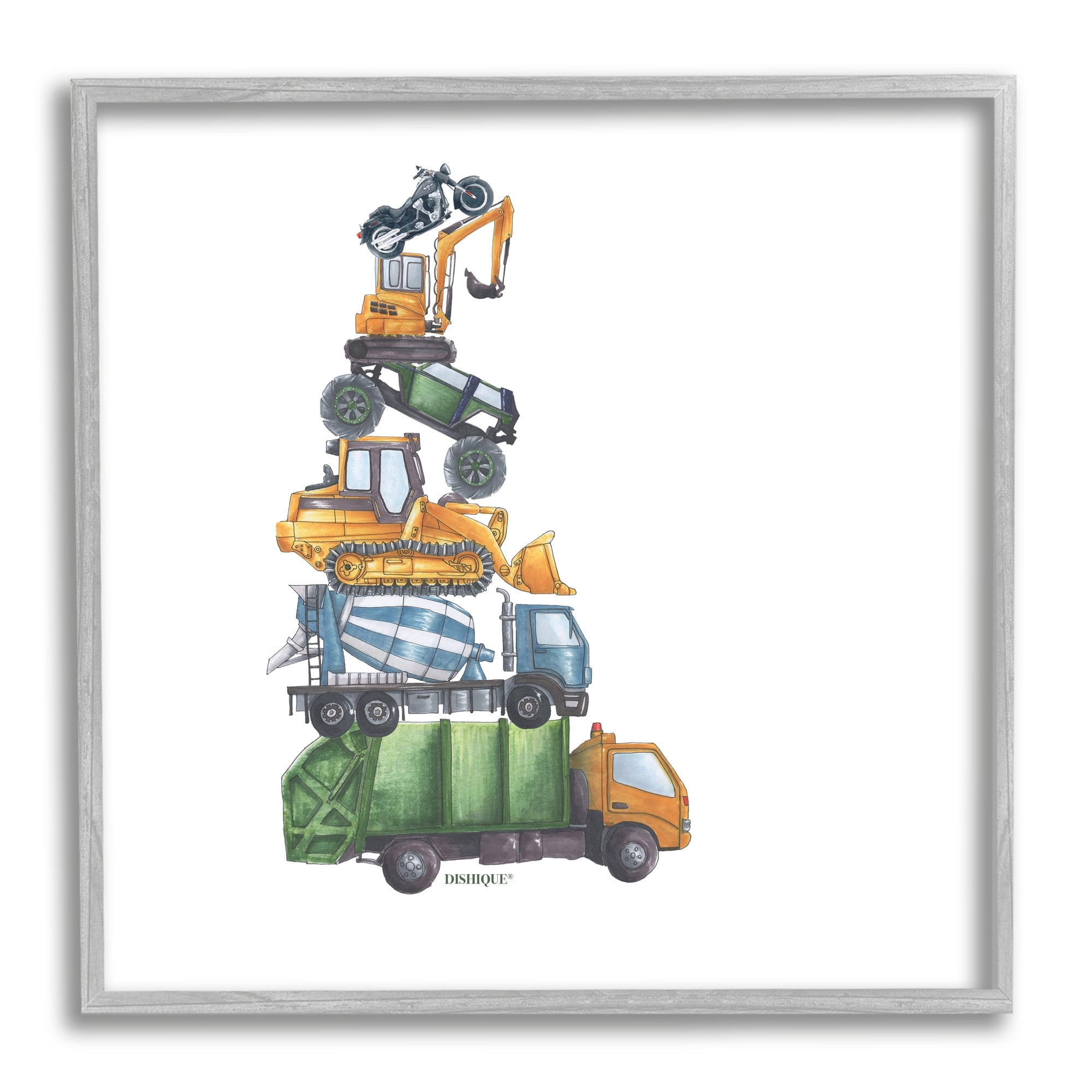 Stupell Industries Balancing Trucks Construction Vehicles Stacked Automobiles Graphic Art Gray Framed Art Print Wall Art, Design by Dishique