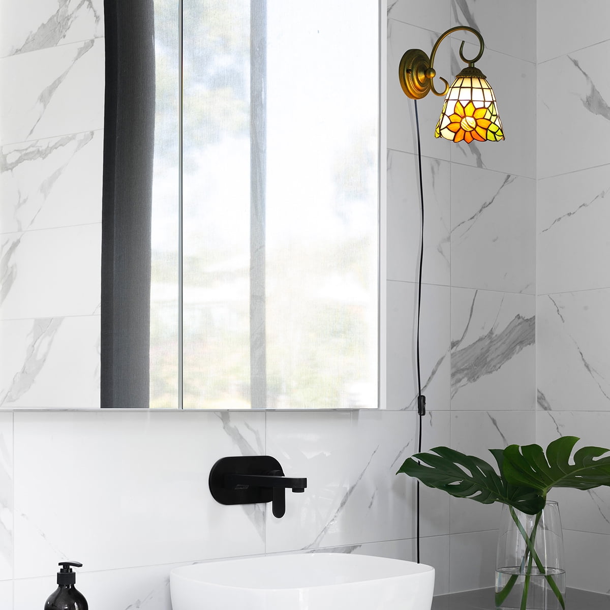Kiven Plug in Black Wall Lamp Tiffany Style Dimmable Plug in Wall Sconce with Timer, Glass Lampshade, 5.9ft Plug-in Cord, E26 Socket
