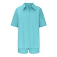 thumbnail image 3 of Virmaxy Womens Stylish Outfit 2 Piece Set Spring/Summer Fashion Slim Button Down Top Casual Shorts Solid Color Blouse/Shirt Set Blue S, 3 of 5