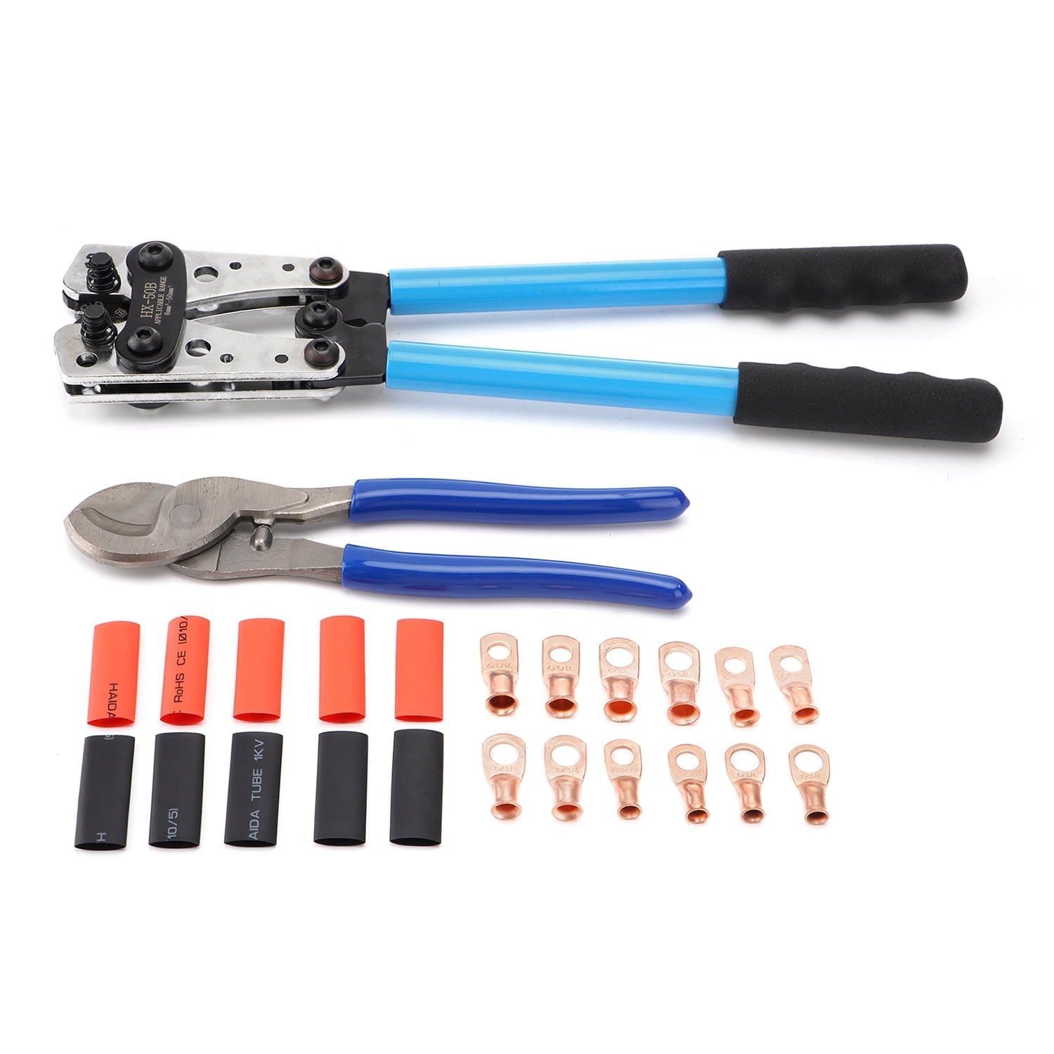 38Pcs Battery Cable Lug Crimping Tool Kit with Cable Cutter Ring Terminals Heat Shrink Tubing, Wire Crimper for AWG 8-1/0 Electrical Lug