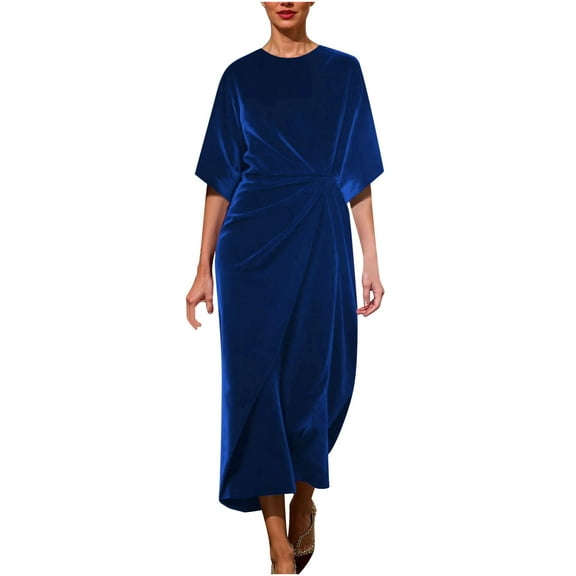 Efsteb Cocktail Dresses For Women Elegant Velvet Maxi Dress for Women Crewneck Half Sleeve Loose Wedding Guest Formal Evening Party Dresses (Blue,XL)