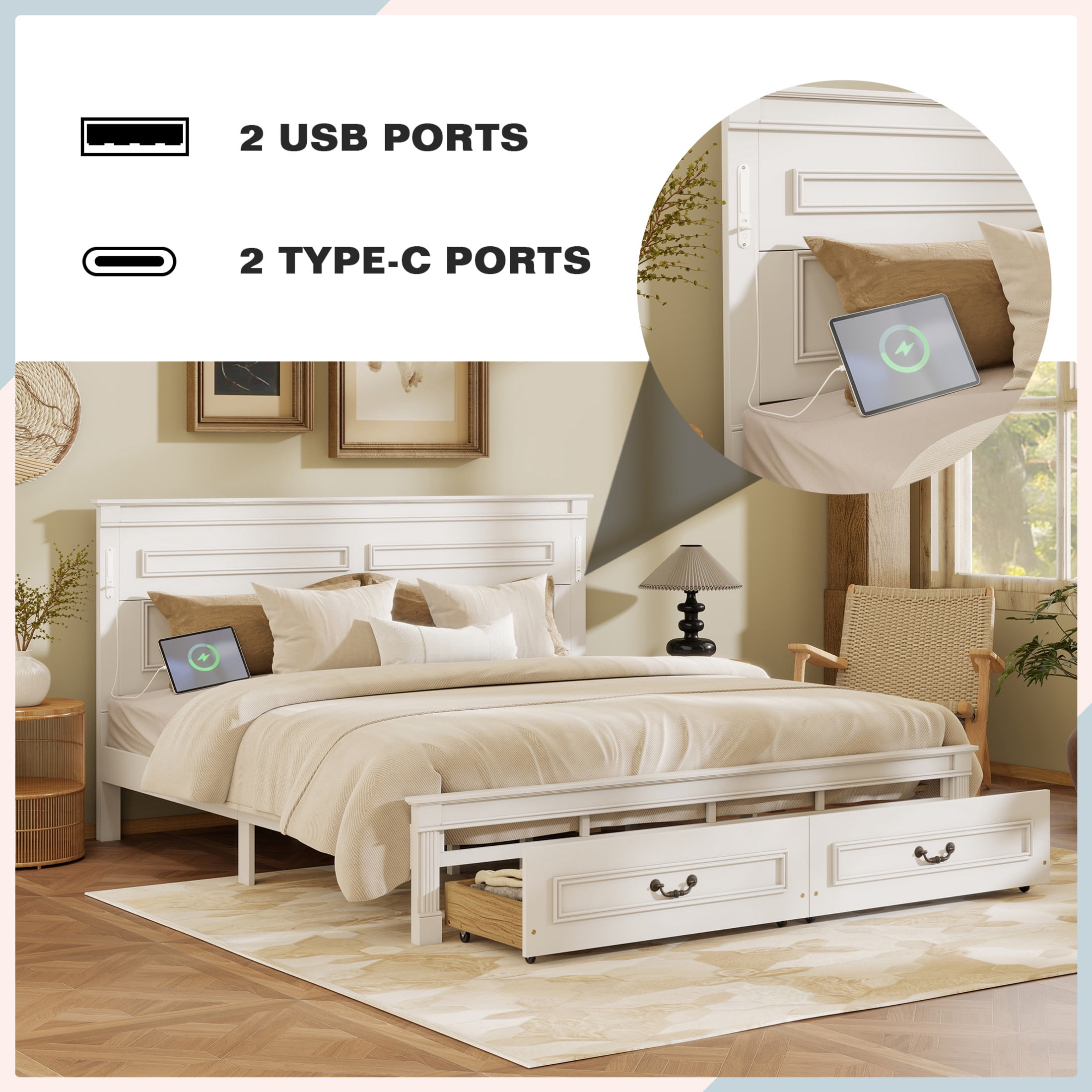 Noble House Corneille King Farmhouse Bed with LED Headboard, USB Charging Station, Storage Drawers, Pine Wood, White