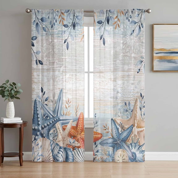 Orange Blue Starfish Coastal Sheer Curtains 63 Inch Length 2 Panels Set, Summer Beach Eucalyptus Vintage Voile Window Treatment Curtains Sheers Drapes for Bedroom/Living Room/Kitchen 52x"63"x2