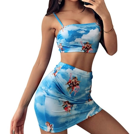 KABOER 2019 Fashion Women Sexy Two Piece Skirt Set Cupid Printing Crop Top And Mini Skirt Suit Summer Sling Camisole Top+Hip (Best Summer Suits 2019)