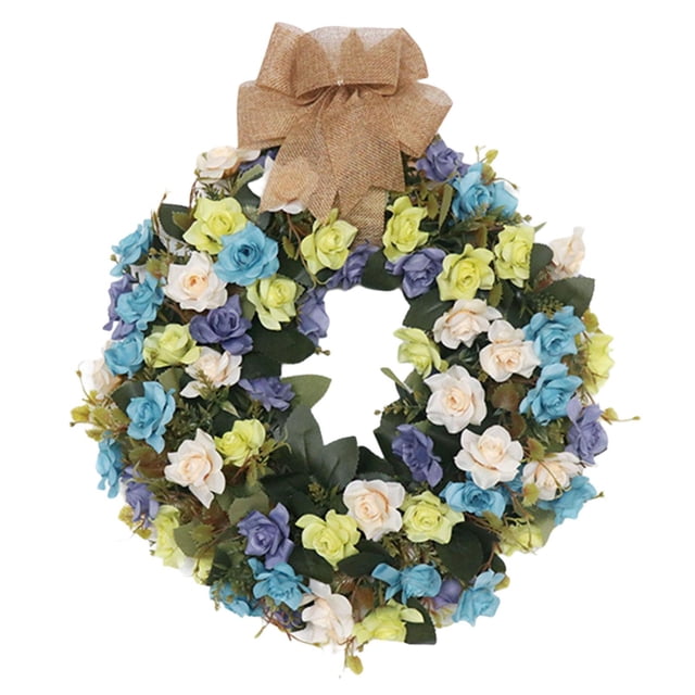 Corona de rosas para puerta de entrada, corona floral de 40 cm, corona de primavera para todas las estaciones verde y champan