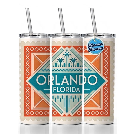 Orlando FL Florida Travel Vacation Stamp 20oz Insulated Water Bottle Skinny Tumbler Includes Straw