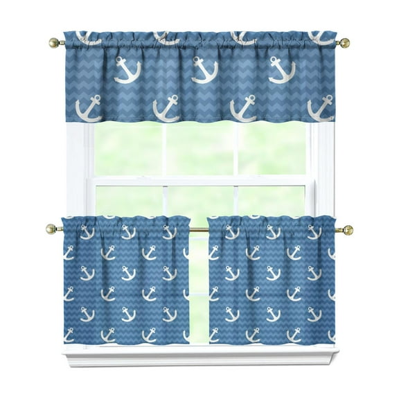 Kitchen Curtains 24 Inch Short - 3 Panel Set, Nautical Anchor Lighthouse Coastal Design, Rod Pocket Window Curtain for Beach House, Marine Ocean Wave Pattern, Easy Wash