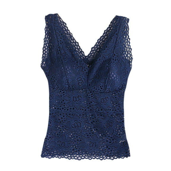 SMihono Built In Bra Padded Tank Tops for Women Sexy Lace Flower Top with Chest Pad Long V-Neck Sleeveless Camisole Blue Free Size