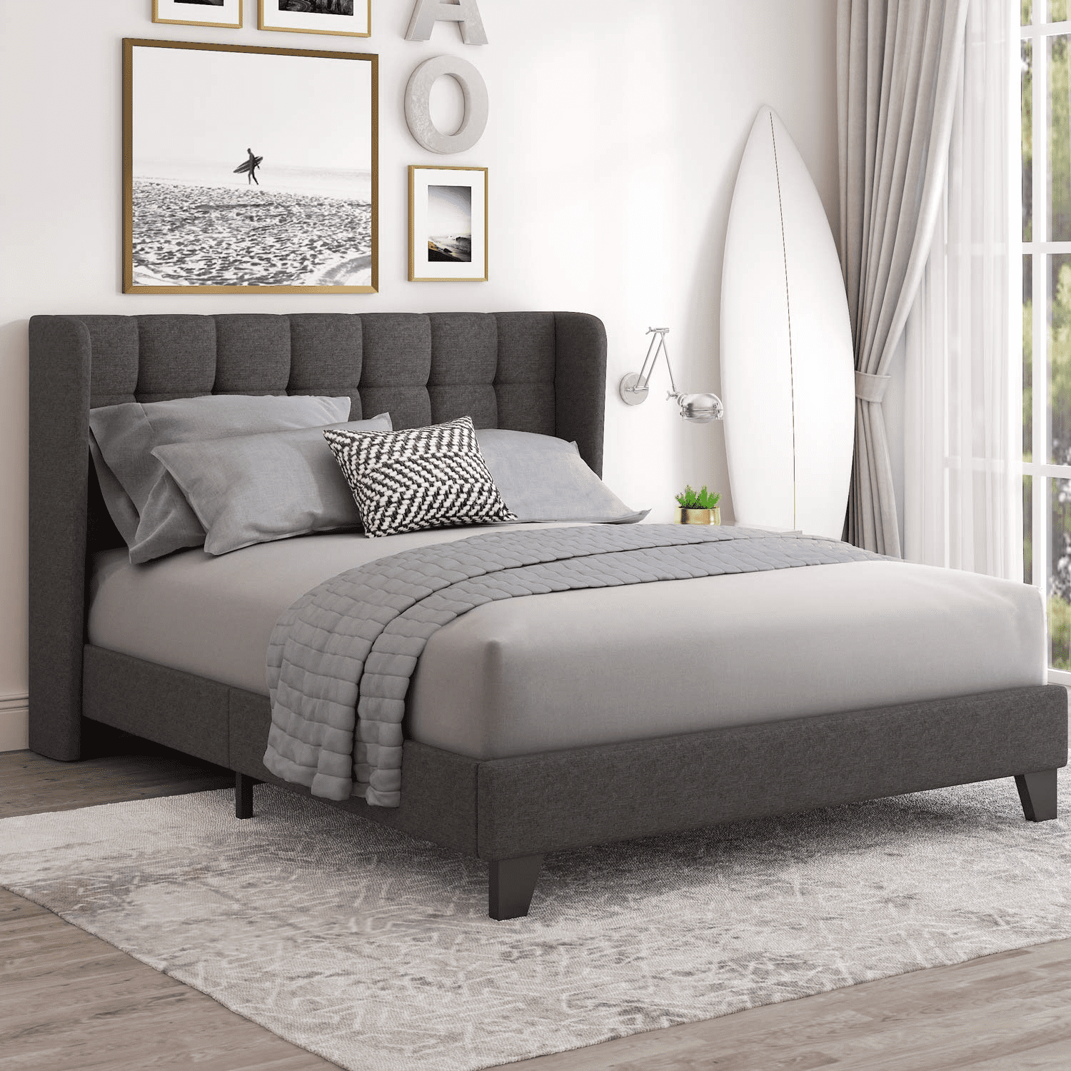 Einfach Queen Platform Bed Frame With Upholstered Wingback Linen Fabric  Square Stitched Headboard, Mattress Foundation With Wooden Slat Support,  Dark Grey - Walmart.Com