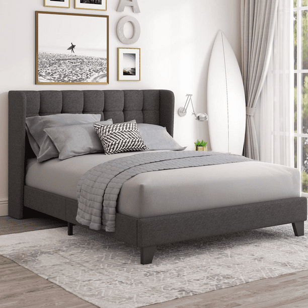 Einfach Queen Platform Bed Frame with Upholstered Wingback Linen Fabric ...