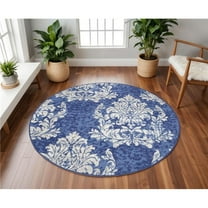 HomeRoots 552312 8 ft. Damask Distressed Round Rug, Navy Blue & Ivory