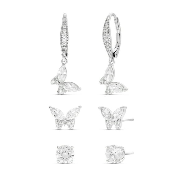 Believe by Brilliance Women's Fine Silver Plated CZ Round and Butterfly Earring Trio Set