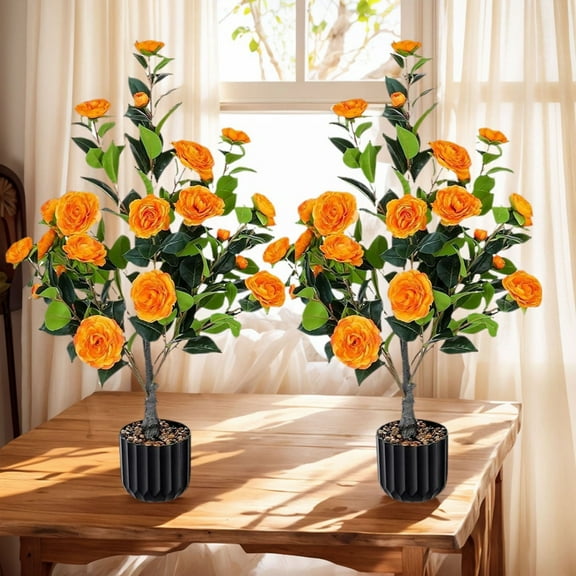 Orange Faux Camellia Tree 36 Inch 2 Pack Artificial Potted Plant for Indoor Outdoor Home Office Decor