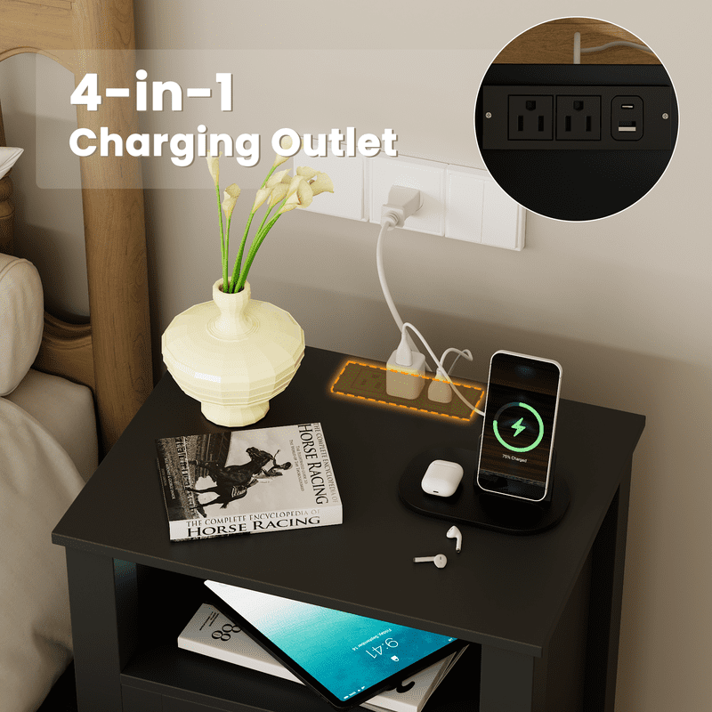 Homall 1 Piece Rattan Nightstand with 2 Drawers, Bedside Table End Table with Charging Station for Bedroom Living Room, Black