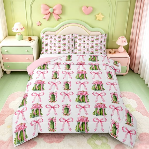 Manfei Cartoon Food Print Full Size Comforter Sets,Cute Pink Bowknot Bedding Comforter Set,Pink Reversible,3pcs,1 Comforter and 2 Pillowcases
