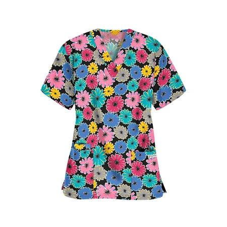 

RSRZRCJ Women s Short Sleeve Nurse Scrubs Tops Animal/Cartoon Pattern/Flower Printed V-Neck Nursing Tops Medical Scrub Shirts