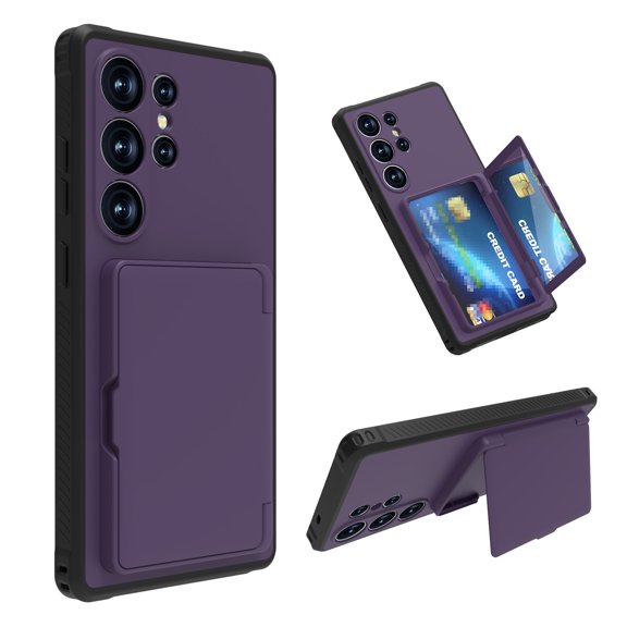 Dteck for Samsung Galaxy S25 Ultra Case with Card Holder & Hidden Mirror, Shockproof Protection Rugged Flip Cover,Deep Purple