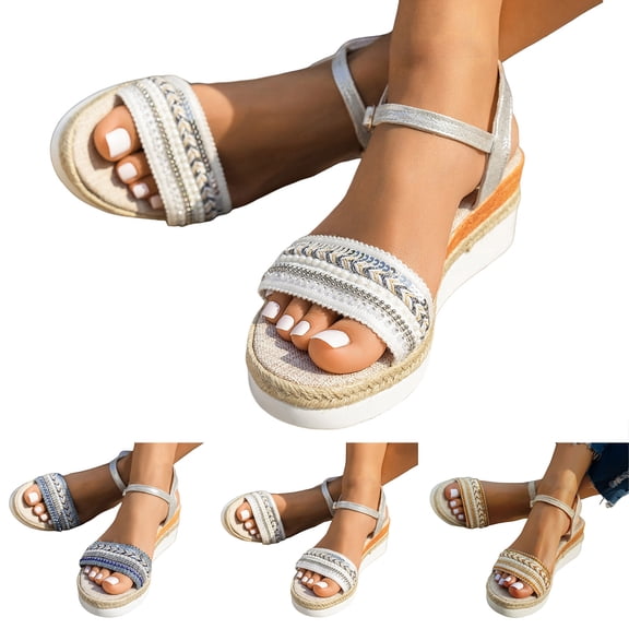 Pandaie Espadrilles Wedge Sandals for Women Open Toe Summer Dressy Sandal with Ankle Strap Bohemian Platform Slip on Walking Shoes Brown Size 6.5