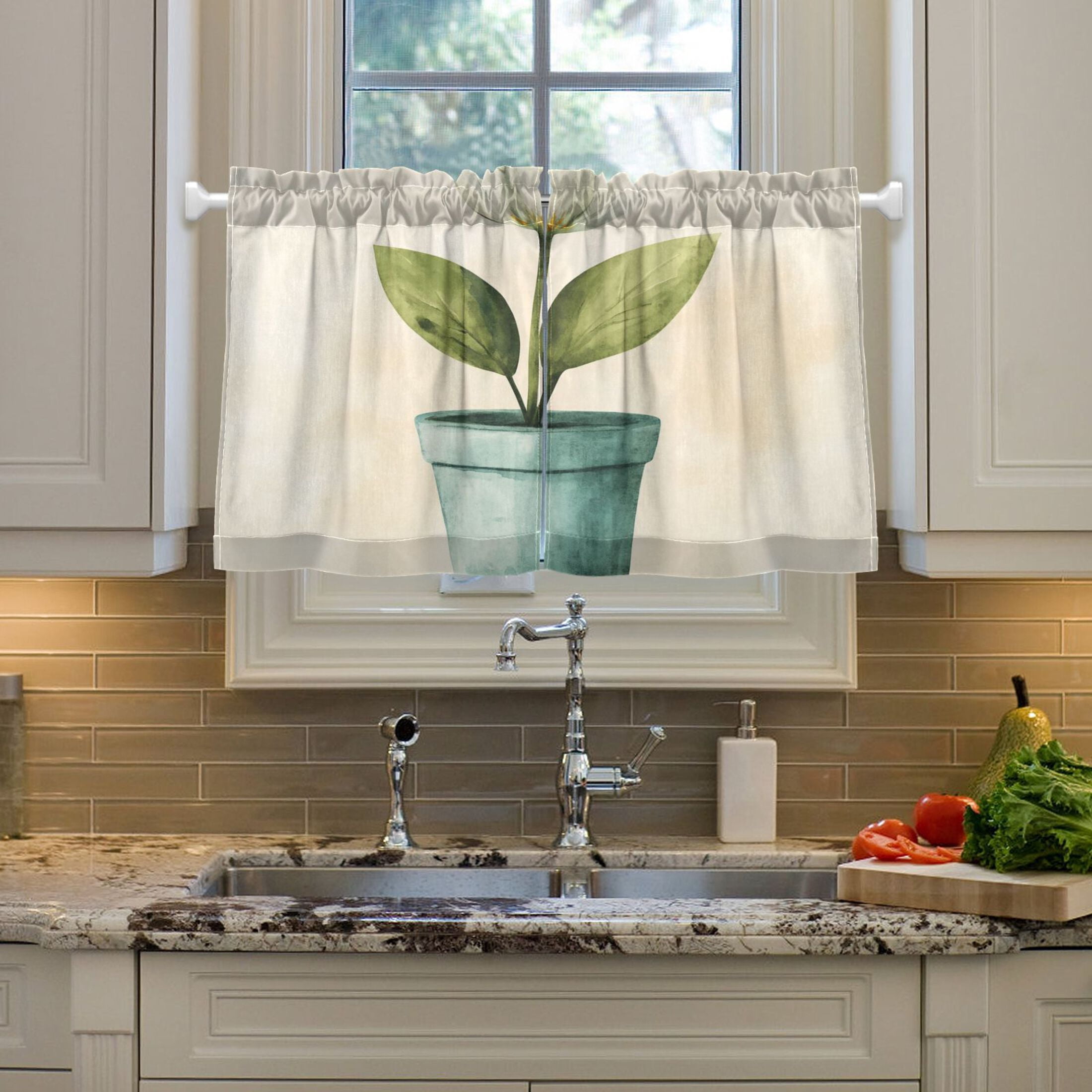 Flower Lily 27"x36" Linen Look Cafe Curtain Set with Privacy and UV Protection