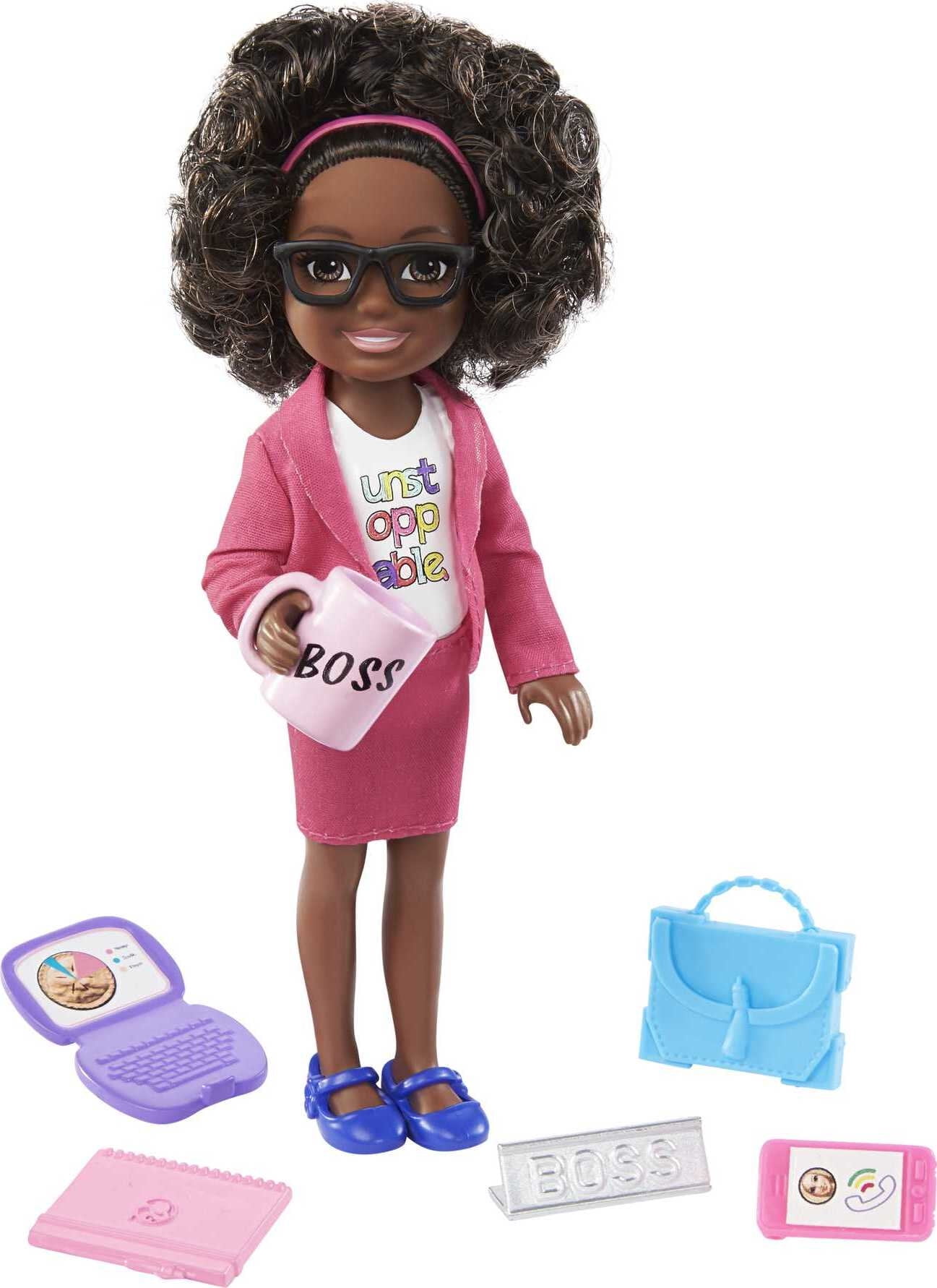 Barbie Chelsea Can Be Anything Boss Doll in Pink Suit with Curly Hair, Brown Eyes & 6 Accessories