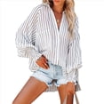 thumbnail image 2 of Camisas de Rayas con Botones para Mujer, Cuello Abullonado, Larga, Blusas Fruncidas Extragrandes con Bolsillo. Rayas Blancas 5XL, 2 of 10
