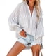 thumbnail image 2 of Camisas de Rayas con Botones para Mujer, Cuello Abullonado, Larga, Blusas Fruncidas Extragrandes con Bolsillo. Rayas Blancas 4XL, 2 of 10