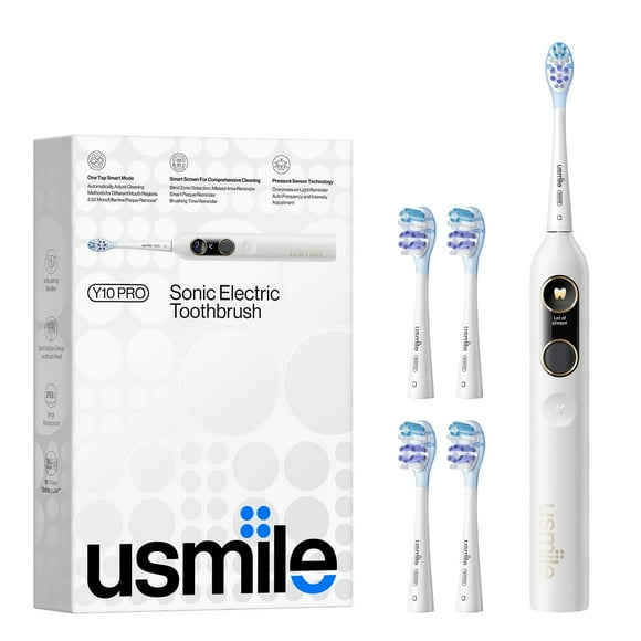 usmile Y10 PRO Brosse à Dents Électrique Rechargeable avec Affichage Intelligent, Détection de Taches Ratées, Capteur de Pression, Autonomie de 180 Jours, Étanche IPX8, Compatible Voyage avec 4 Têtes de Brosse