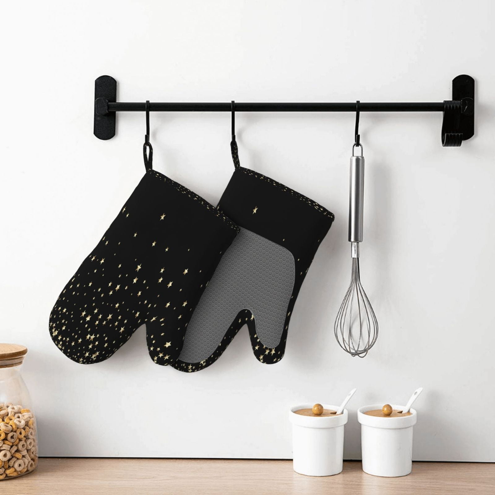 Hirioo Star Silver Glitter for Silicone Oven Mitts for BBQ, Baking, Cooking, Set of 2, Heat Resistant 260℃, Non-Slip Kitchen Essentials